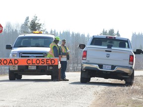 A barricade preventing motor vehicles from accessing Flats Road (Peter Shokeir | Whitecourt Star).