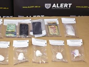 PHOTO SUPPLIED
A wanted Grande Prairie man was arrested by ALERT and charged with new drug trafficking offences last week. On April 25, Andre Rozon was arrested by investigators with ALERT’s Grande Prairie organized crime team, an ALERT release noted. Rozon, 43, was arrested after more than $15,000 in cocaine and methamphetamine was seized from a vehicle he occupied along with co-accused Nolan Knibbs. ALERT says officers seized 157 grams of cocaine, 20 grams of methamphetamine, 0.2 grams of heroin, and $1,970 cash proceeds of crime.