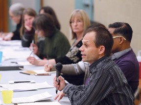 Stefan Siemann, right, of the Department of Chemistry and Biochemistry at Laurentian University, takes part in a panel discussion on a potential ferrochrome smelter in Coniston on Saturday. The event was organized by the Coalition for a Liveable Sudbury. (John Lappa/Sudbury Star)