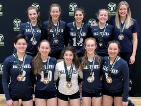 The Chatham 16U Ballhawks won Division 2 Tier 1 silver medals at the Ontario Volleyball Association championships in Waterloo, Ont., on Sunday, April 29, 2018. The Ballhawks are, front row, left: Kate Bondy, Anna Buschemeyer, Mia DiCocco, Kirby MacKinnon and Sierra Tooshkenig. Back row: Danielle Gregory, Laurin Ainsworth, Diana Lucarelli, Abbey Piatkowski and coach Melissa Smyth. (Contributed Photo)