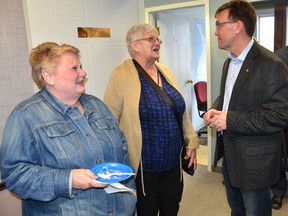 Bruce-Grey-Owen Sound MPP Bill Walker chats with Karen Klages, left, and Verl McLay at the opening of his campaign office on Friday, April 27, 2018 in Owen Sound, Ont. The provincial election is slated for June 7. Rob Gowan/The Owen Sound Sun Times/Postmedia Network