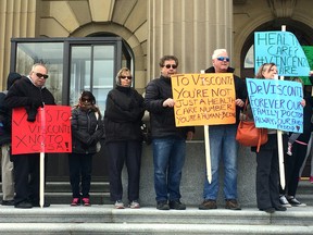 Patients of Sherwood Park family physician Dr. Vincenzo Visconti stage a rally at the Alberta legislature on Sunday to call for his reinstatement. The College of Physicians and Surgeons has suspended Visconti indefinitely pending a disciplinary hearing. 

Keith Gerein/Postmedia Network