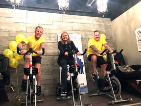 Chad Stewart (left), CASA Foundation executive-director Nadine Samycia and Shane Kyle in action during their 24-hour fundraising bikathon that ended noon Saturday. Stewart and Kyle must raise $25,000 for each of the next three years to make good on their promise to sponsor CASA bike rides.

Photo Supplied