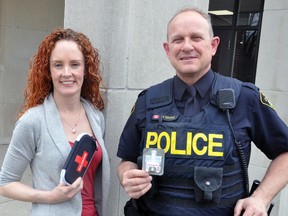 Jackie Parkin (left), a youth counselor with the Choices For Change program, and OPP Const. Bill Dekoning, spoke to Grade 9 students at Mitchell District High School (MDHS) about the increased dangers with fentanyl, a deadly drug that although not yet in Perth County, will one day appear, officials fear. They are holding antidotes for those who overdose on fentanyl, a product called naloxone that OPP officers now carry with them at all times. ANDY BADER/MITCHELL ADVOCATE
