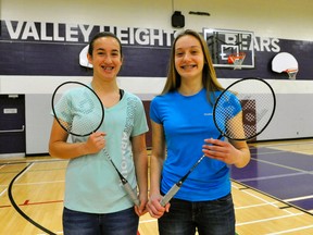 Paige Wiggans and Emma Driedger of Valley Heights finished second in junior girls doubles at the CWOSSA badminton championships April 11 in Waterloo.
JACOB ROBINSON/Simcoe Reformer