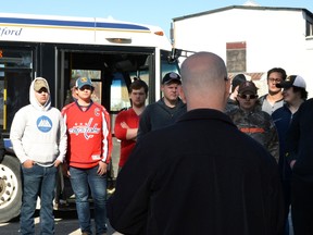 Stratford transit manager Michael Mousley discusses plans for the Cooper Site transit hub on Downie Street with students from Stratford Northwestern Secondary School Monday morning. Galen Simmons/The Beacon Herald/Postmedia Network