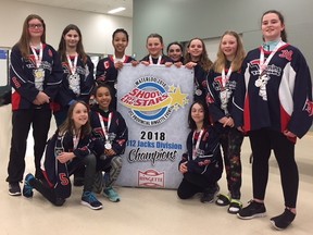 Members of the Timmins U12 Petites, back row from left, Tia McMurray, Isobella Beatty-Peters, Keenyah Murray, Lauren Bonsall, Maria Aide-Rios, Zoe Brazeau, Ella McCarty and Ella Brumwell. In the front row, from left, Isabelle Quesnel, Camryn Hyde and Amaia Aide-Rios.