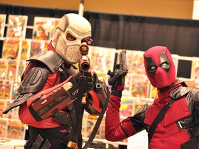 Mike Kaye as Deadshot from DC Comics and James Boulter as Deadpool from Marvel Comics are shown at CK Expo at the John D. Bradley Centre April 28, 2018. (Tom Morrison/Chatham This Week)