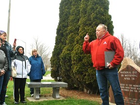 Aaron Neaves, a national Unifor representative, speaks at the Chatham-Kent Day of Mourning ceremony at the Day of Mourning monument on Grand Avenue West in Chatham April 28, 2018. (Tom Morrison/Chatham This Week)