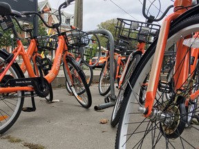 Dropbike, which operated a bike-sharing project in Kingston as a pilot project last summer, is the leading candidate to run the city's service this coming year and city council is to make the decision on Tuesday. (Elliot Ferguson/The Whig-Standard)