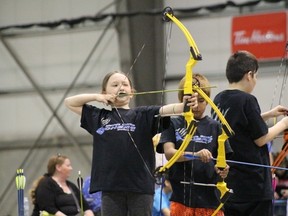 Members of the Maude Burke Archers shot in the National Archery in Schools Program (NASP) nationals at Evraz Place in Regina on Friday, April 27.