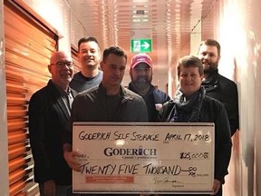 Tim Stinson and Shirley Knoop (holding cheque) present the $25,000 Goderich Self Storage donation to members of the Recreation Park Committee. (Contributed photo)