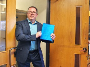 Chatham-Kent Coun. Darrin Canniff exits the clerk's office at the Chatham-Kent Civic Centre on May 1, 2018 after filing his nomination papers to run for mayor in this year's municipal election. (Tom Morrison/Chatham This Week)