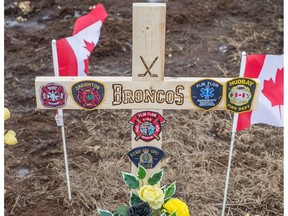 One part of the memorial set up at the intersection of Highway 35 and Highway 335, north of Tisdale, Sask. where a collision occurred involving the Humboldt Broncos hockey team bus that resulted in the death of 16 people.