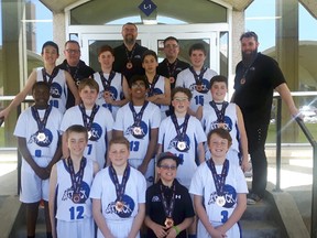 The Oxford Attack under-13 boys' basketball team finished third in Division 10 of 15 at the Ontario Basketball Association’s Ontario Cup April 20 to 22 in Milton.

Back row, from left: team manager Richard Charters, coach Rob Duivenvoorde, coach Mark Parolin and coach Quinn Gibson.
Second row, from left: Jaxson Halward, Evan Jonker, Izak Christensen and Sam Orlowski.
Third row, from left: Jerome N. Kazadi, Corbin Duivenvoorde, Dev Nirale, Regan Whitman and Diego Camboia.
Front row, from left: Liam Parolin, Stefan Charters, Kaleb Parolin (coach K) and Morgan Lavin.

Submitted photo