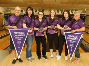 The Garson Bowl junior and senior girls teams with coaches in Sudbury, Ont. on Tuesday May 1, 2018. From left are coach Roger Givoque, Danika St. Jacques, Isabelle Perreault, Chantal Tourigny, Valerie Quackenbush and coach Nicky Givoque. Gino Donato/Sudbury Star/Postmedia Network