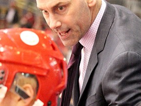 Soo Greyhounds coach Drew Bannister during first-period action in second game of OHL Western Conference semi-final series at Essar Centre in Sault Ste. Marie, Ont., on Friday, April 6, 2018. BRIAN KELLY/THE SAULT STAR/POSTMEDIA NETWORK