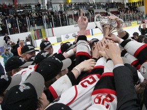 The Listowel Cyclones won their first Sutherland Cup after sweeping the Caledonia Corvairs 4-1 Tuesday night. Cory Smith/The Beacon Herald
