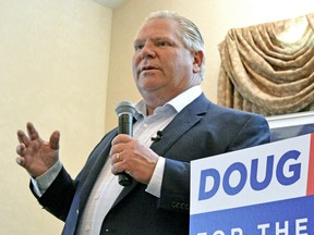 Ontario Progressive Conservative Leader Doug Ford announces a plan to introduce formal resource revenue sharing for Northern Ontario during a brief stop in Timmins Tuesday.
EMMA MELDRUM/postmedia