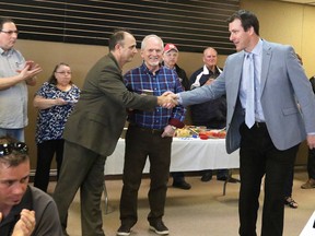 Sudbury PC candidate Troy Crowder greets supporters at the grand opening of his campaign office in Sudbury on Tuesday. Crowder is running in the June 7 provincial election. Gino Donato/Sudbury Star/Postmedia Network