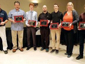 The Kent Minor Hockey Association award winners for the 2017-18 season include, from left: Kyle Dittmer, travel coach of the year; Keith Provost, local league coach of the year; Kyle Roberts, local league player of the year; Paul Marchand, house league coach of the year; Josh Remsik, travel player of the year; Tina Brown, manager of the year; and Caleb Havens, house league player of the year. (Contributed Photo)