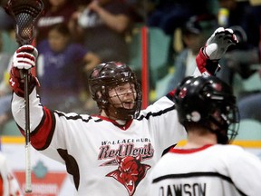 Wallaceburg Red Devils' Carter Hastings (14) celebrates a goal against the Point Edward Pacers at Wallaceburg Memorial Arena in Wallaceburg, Ont., on Thursday, April 26, 2018. Mark Malone/Chatham Daily News/Postmedia Network