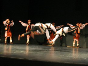 During the first half of the Veselka Spring Show, the senior group performed "Carpathia Melodies" and at times the dancers literally flew through the air- the three young men were dancing in a circle with their hands linked and leaping as they circled.