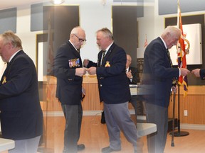 The Fairview Legion held its Honours and Awards Night April 14, recognizing members for years of service. Ian MacDonald was recognized for 60 years with the Legion, Joan Oliver (no photo) Gerald Vick and Tom Bedford for 40 years each, Don Chilcote for 15 years (no photo) and Jim MacGregor for five years. Legion president Gabby Colbourne presented pins to the members in honour of their years of service. (Left to right, Gerald Vick, Ian MacDonald, Jim MacGregor and Tom Bedford).