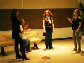 In the mini-play Bench Warrant, Jessica Weber (far right) and Reece Stensrud (far left) show the cruelty teens can be capable of, reducing Amanda Perkin's character (seated) to tears while Zoe Van Battum decides she has done enough and stays behind to befriend Perkins.