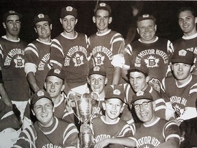The 1965 OASA Intermediate AA champion Owen Sound Bay Motor Hotelmen will be inducted into the Owen Sound Sports Hall of Fame on Friday. Back row, left to right, Larry Liataud, Bob Perkins, Brent Cochrane, Bill Simpson, Hugh Weber, Gerry Connell, Gord Edmonston. Middle row, left to right, Dale Watson, John McLaren, Bill Smith, Bob Nikon, Steve Carter. Front row, left to right, Brian Pauly, Mike Simpson, Lloyd Simpson (coach), Bernie Allan (manager).
