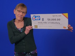 Submitted photo:  Wendy Miller of Wallaceburg is celebrating after winning $50,000 in the April 28, LOTTO 6/49 draw. The LOTTO 6/49 Super Draw offered 50 guaranteed prize draws of $50,000 in addition to the main jackpot and the guaranteed $1 million prize draw. The winning ticket was purchased at Taylor’s Convenience Store on Dufferin Avenue in Wallaceburg.