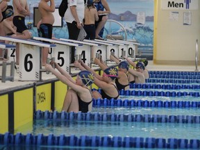 Swimmers get ready to race at the Spring Fling swim meet at MacDonald Island Park in Fort McMurray, Alta. at the Spring Fling Swim Meet on April 29, 2018. Laura Beamish/Fort McMurray Today/Postmedia Network