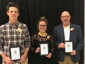 From left: Trent Zorgdrager (Boy Athlete of the Year), Olivia Giovinazzo (Girl Athlete of the Year), and Barry Grasby (Sportsperson of the Year) were recognized at the Stratford Minor Sports Council banquet Saturday night. (Contributed photo)