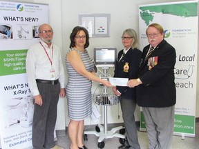 Photo supplied
Ken Gibson, director and Donna Orlando, chair – NSHN Foundation receive a grant of $8,000 to go toward a cardiac monitoring system for the NSHN – Blind River – emergency department. The grant was presented by Gloria Spencer and Gerry Green, president – Blind River Legion Branch 189.