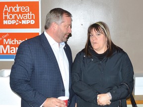Photo by KEVIN McSHEFFREY/THE STANDARD
Algoma-Manitoulin incumbent MPP Michael Mantha, who is also the NDP’s candidate for this riding, speaks to Natalie Timeriski at the official opening of Mantha’s campaign office in Elliot Lake.