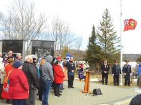 Photo by KEVIN McSHEFFREY/THE STANDARD
About 100 people gathered at the Miner’s Memorial Park in Elliot Lake for this year’s National Day of Mourning on April 28. The Ontario flag was lowered to half mast.