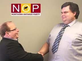 Northern Ontario Party leader Trevor Holliday, left, and Gary Schapp, the party's candidate for Timmins.
