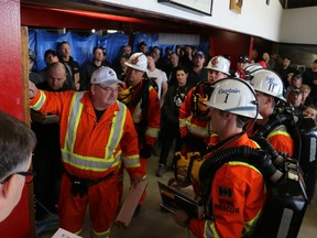 A mock emergency scenario to be played out at the Archie Dillon Sportsplex next week is being done to test the emergency response skills of mine rescuers from all the mines in the Timmins and Kirkland Lake districts. This photo shows the briefing officer Terry Roy outlining the scenario which took place in Timmins in 2017. Identical scenarios will be played out in mine rescue competitions across Ontario, which highlights the importance of using standardized rescue equipment and standardized procedures, something that has become a hallmark of Ontario Mine Rescue.