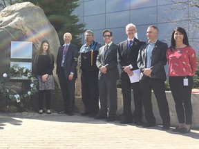 Bruce Power’s Day of Mourning ceremony was held April 30, 2018 recognizing those killed and injured on the job site locally and across Canada. Participants are seen at Bruce Power's memorial cairn outside our Corporate Services Building. L-R: Piper Andy MacKenzie, Hydro One's Bradley Taylor, OPG's Fred Kuntz, Ben Nowak, student Alexis Aubrey, Bruce Power president and CEO Mike Rencheck, Saugeen First Nation's Vernon Roote, Society of United Professional's Mike Gade, Grey Bruce Labour Council's Dave Trumble, Power Workers Union's Bailey Farrell, and Bruce Power's Christine John. (Shared photo)