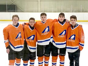 Sherwood Park Bantam AAA Flyers Colby Ball, Tyler Kutschinski, Caleb Raymond, Austin Lusok, and Ben Gonie played in the recent Alberta Cup. Photo supplied