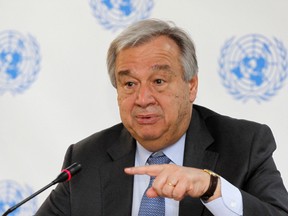 In this March 8, 2017 file photo, U.N. Secretary-General Antonio Guterres speaks during a press conference at the U.N. in Nairobi, Kenya. The United Nations said Tuesday, May 1, 2018, it received 54 allegations of sexual abuse and exploitation in the first three months of 2018 involving the entire U.N. system and non-governmental groups implementing U.N. programs. U.N. deputy spokesman Farhan Haq told reporters Tuesday that "combating this scourge, and helping and empowering those who have been scarred by these egregious acts, continue to be key priorities" for Guterres. AP Photo/Khalil Senosi