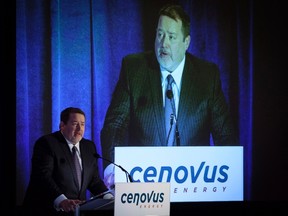 Alex Pourbaix, Cenovus president and CEO, addresses the company’s annual meeting in Calgary last Wednesday. Cenovus Energy Inc. says it will consider slowing development of a 50,000-barrel-per-day oilsands expansion project that it started building early last year if there isn›t meaningful progress on increasing pipeline capacity out of Alberta.