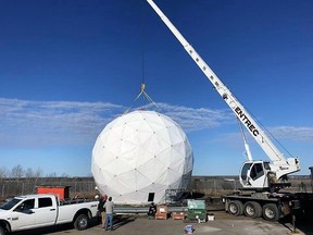 This month, a radar dome is being installed outside the Cold Lake Museums. There used to be three radome towers on the museum grounds that were once home to the Northern Defence Radar Station. In 1992, the station was decommissioned, and the original radomes and towers were removed. The old radar station site has since become home to the Cold Lake Museums.