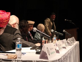 Judaism representative Dr. David Lertzman addresses his fellow panellists including Romesh Anand, Warren Harbeck, Neda Etemad, Mansoor Anjum and moderator Patricia Verge during the World Religions Conference on Thusday, April 26, 2018 at the Cochrane RancheHouse in Cochrane, Alta.