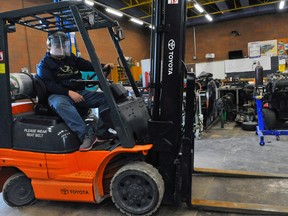 Tigercat Industries donated a Toyota forklift to Valley Heights Secondary School for on-site training and certification. Student Mike Hughes takes part in the course April 27. Jacob Robinson/Simcoe Reformer