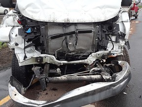 Handout/Chatham Daily News
A London man is facing a careless driving charge after this vehicle he was driving crashed into the rear of a tractor trailer in the eastbound lanes of Highway 401, near Orford Road, on Thursday, May 3, 2018.