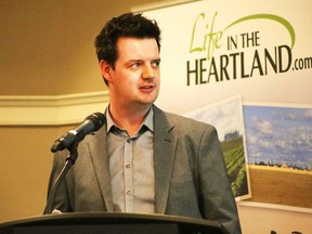 Stephen Velthuizen, external relations manager for Shell Scotford, speaks at a community info event run by Life in the Heartland on April 18.

Jeff Labine/Postmedia Network