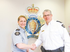 Insp. Kevin Kunetzki has left Leduc after nearly three years as detachment commander. He is now a superintendent in Regina for the southern Saskatchewan region. Sgt. Dale Kendall (left) is the acting officer in charge. (Nouran Abdellatif/Rep Staff)