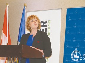 Leduc County Mayor Tanni Doblanko (above) and City of Leduc Mayor Bob Young gave a joint presentation on the collaboration between both municipalities and the surrounding region at the State of the City and County on April 20. (Nouran Abdellatif/Rep Staff)