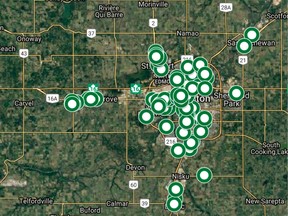A map showing 80 retail marijuana outlet applications through the AGLC for the Capital Region — only one of which is located in Strathcona County.

Google Maps